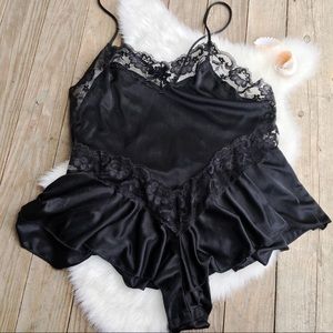PETRA LINGERIE Vintage Black Satin & Lace Romper PJ M